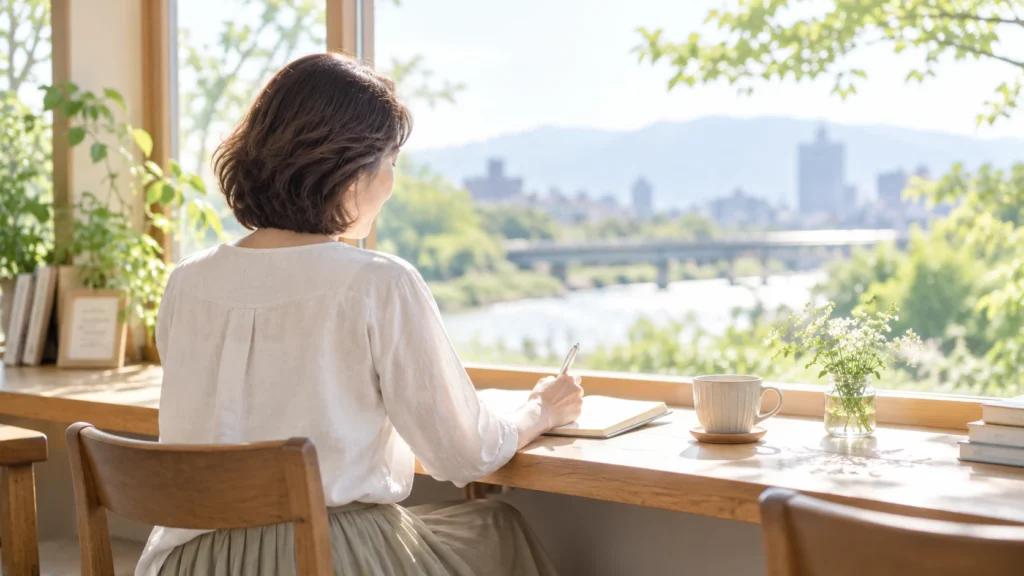 カフェでノートに思いを書く女性