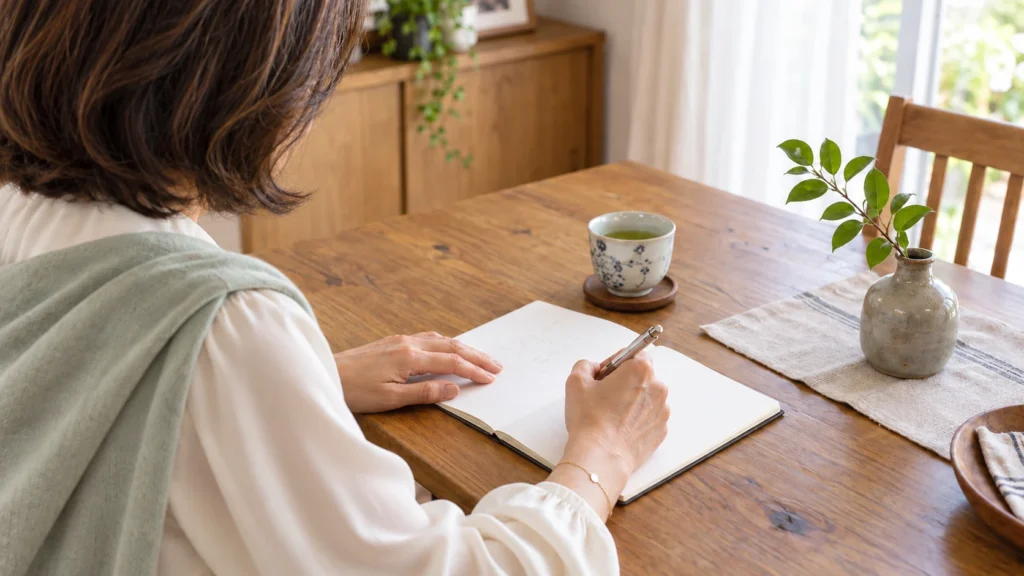 自宅のテーブルでノートに気持ちを書き出す女性