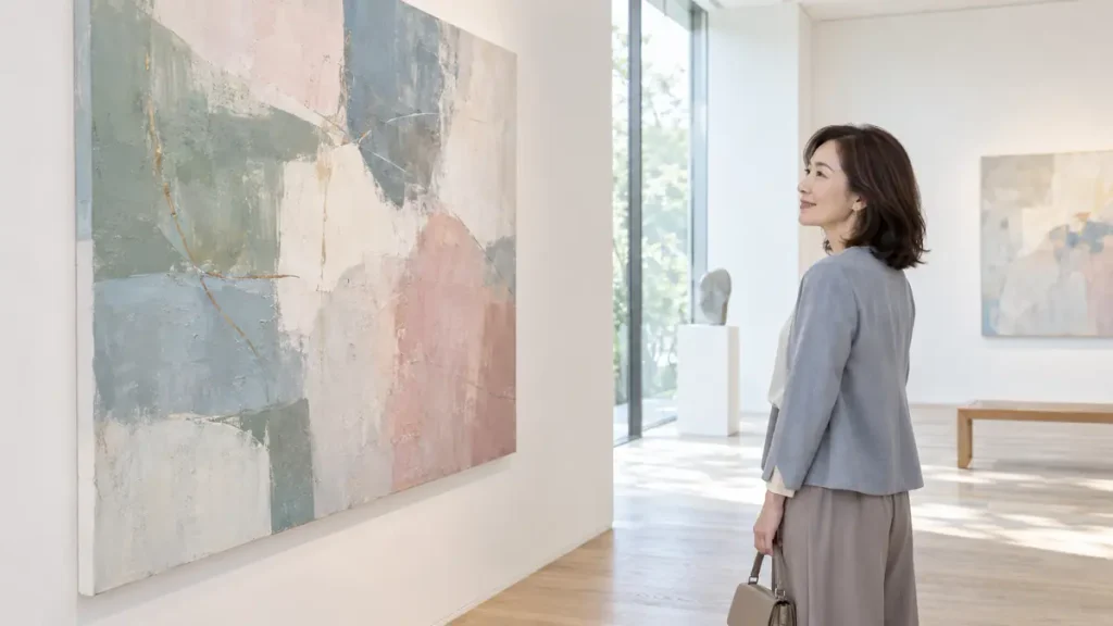 美術館で絵を眺め、自分の時間を楽しむ女性