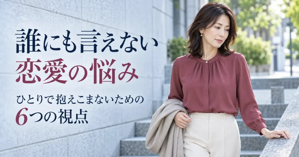 静かな街角で立ち止まる女性と「誰にも言えない恋愛の悩み」の文字