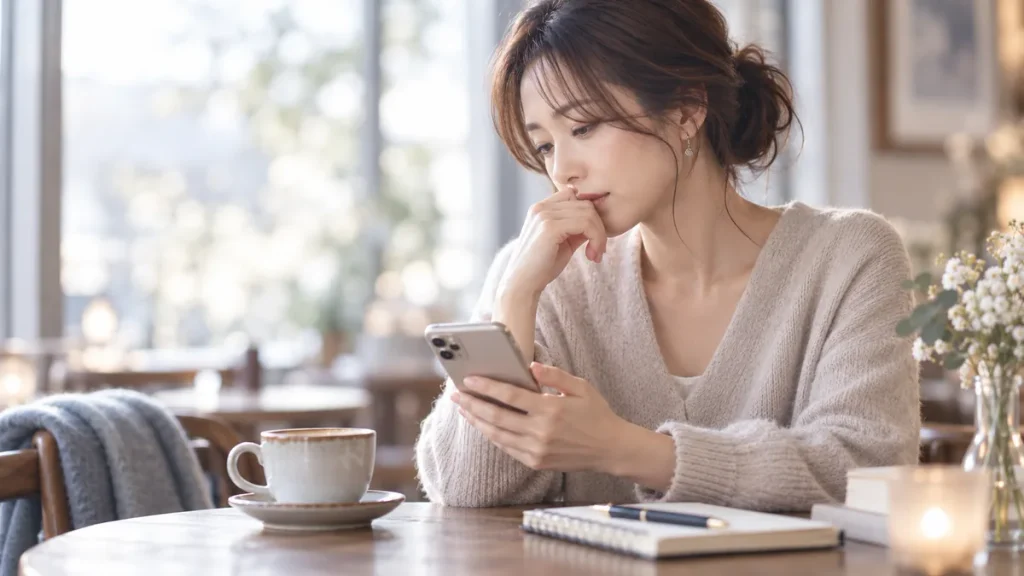 カフェでスマホを見る女性