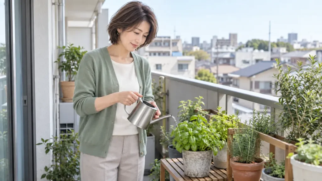 ベランダで鉢植えに水をやる女性