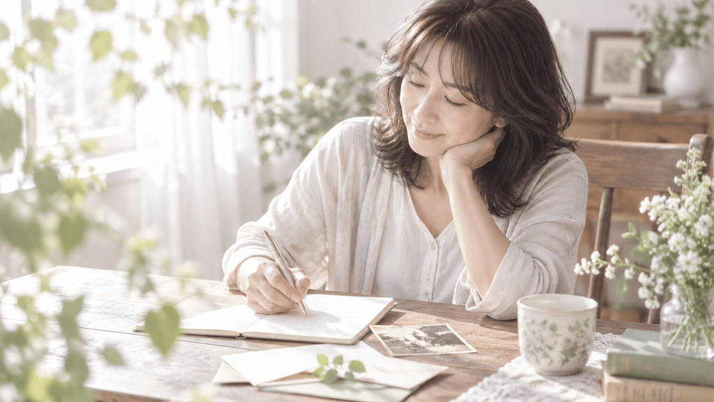 初恋の人への言えなかった気持ちをノートに書き出す女性