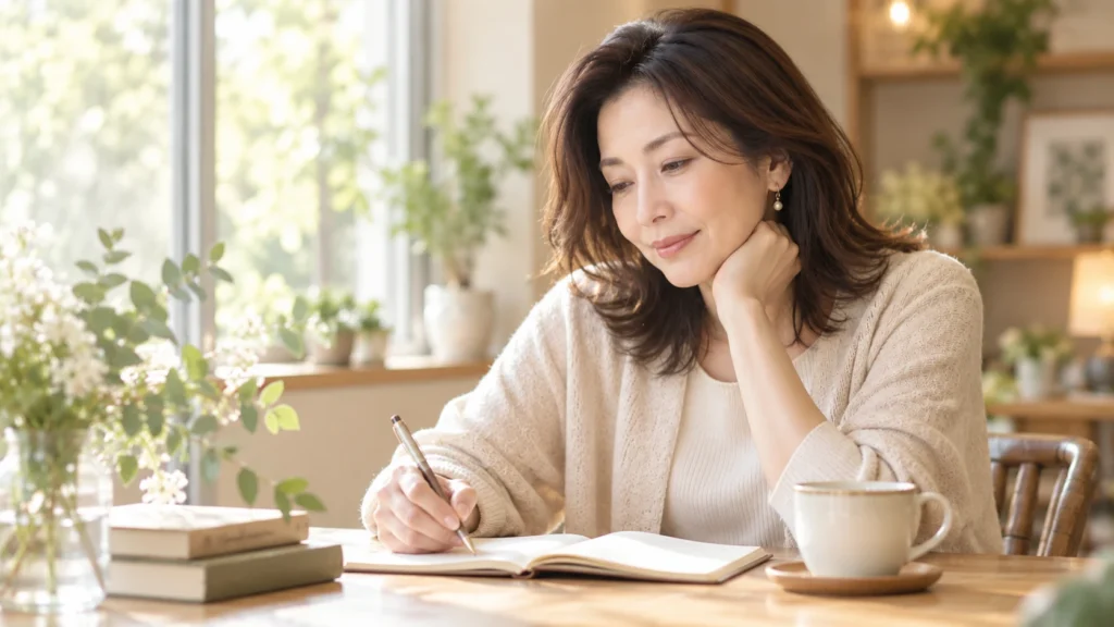 復縁に向けて別れた原因や自分の気持ちをノートに整理する中高年女性