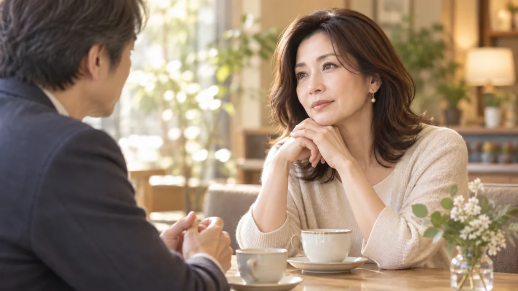復縁について落ち着いて話し合う中高年の男女