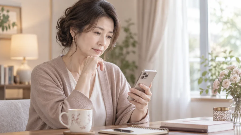 スマートフォンで占いサービスの内容を確認する中高年女性