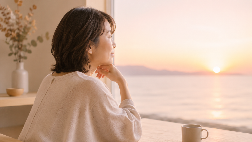 窓辺で夕日を眺めながら静かに物思いにふける女性