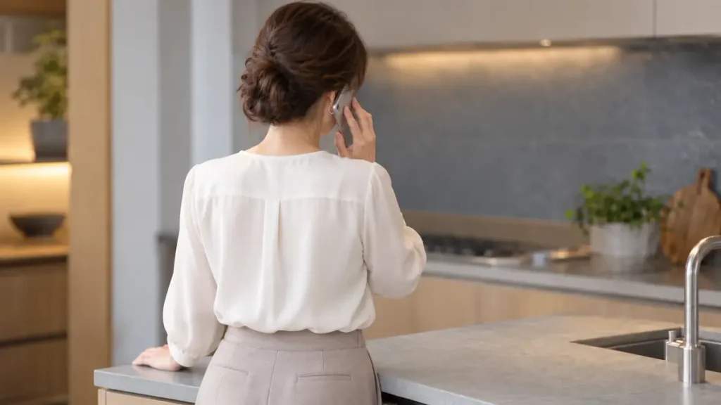 自宅のキッチンでスマートフォンを耳に当てて話す女性の後ろ姿
